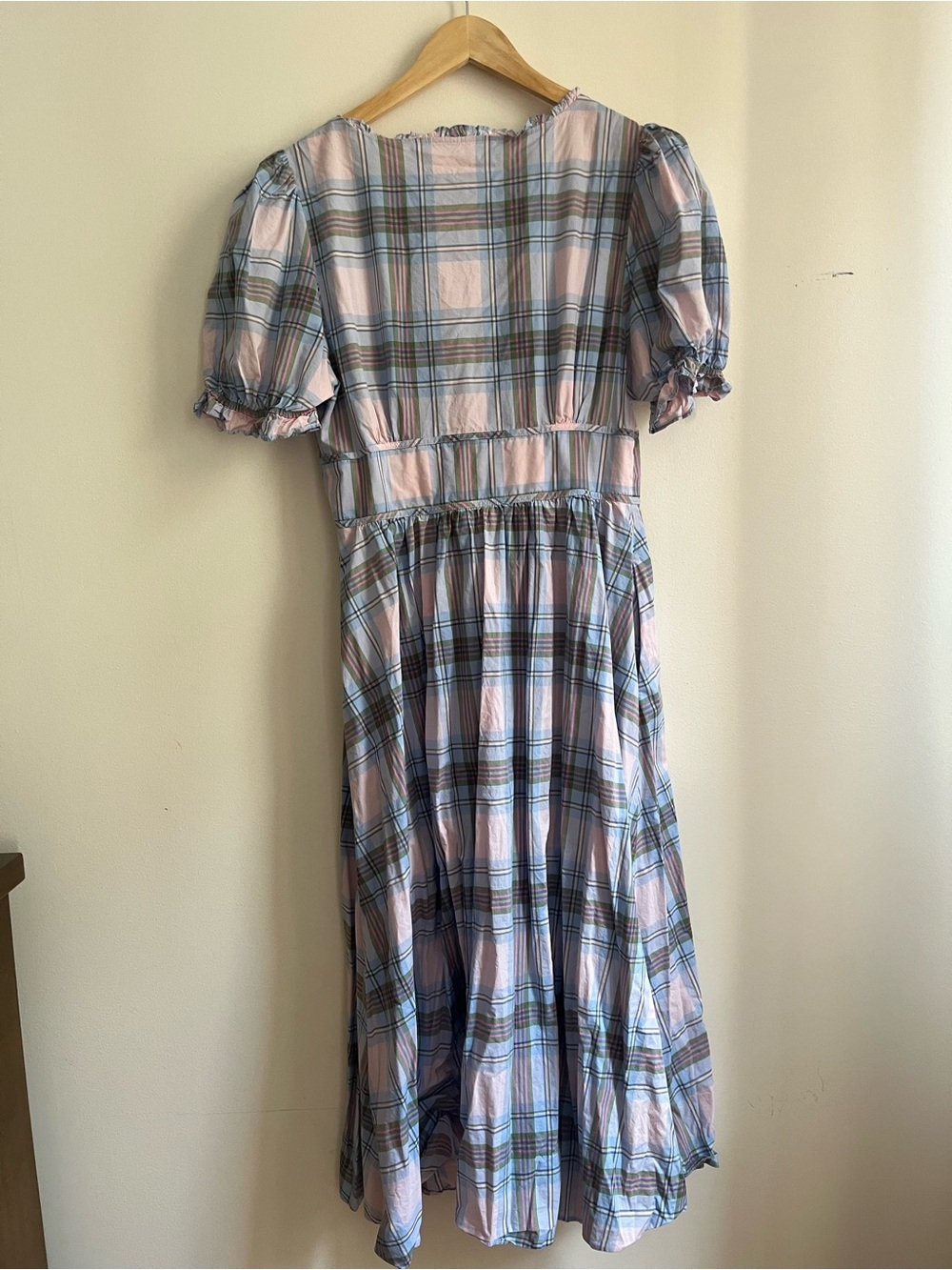 Plaid Puff-Sleeve Midi Dress in Pastel Pink and Blue hill house home - Picture 5 of 6